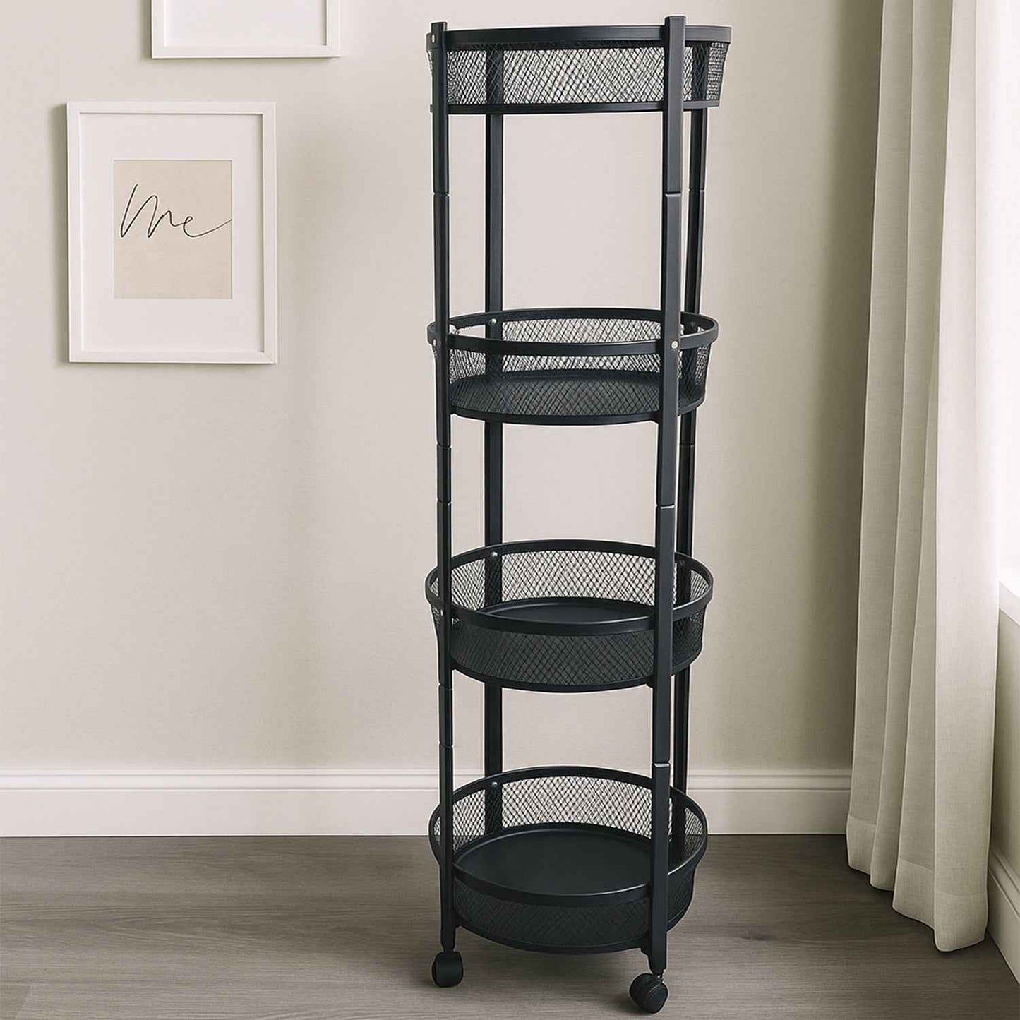 4-layer Round Metal Mesh Storage Organizer Rack With Wheels (1 Pc)