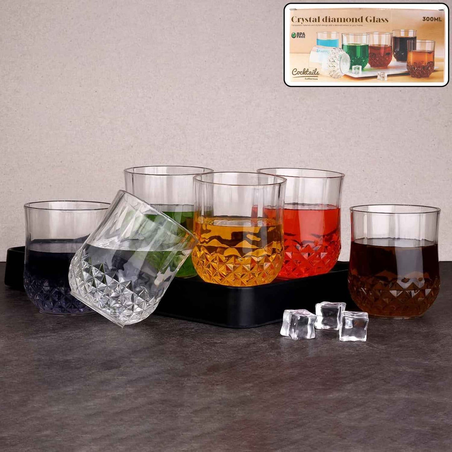 Transparent Diamond-pattern Drinking Glass Set (6 Pc Set)
