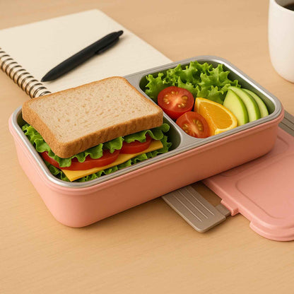 5583 Miracle Quick Lock Leak Proof 2 Compartment Stainless Steel Lunch Box Inner Plate Reusable Microwave Freezer Safe Lunch Box Trendy Thermal Insulation Leak Proof For Office Vacuum Tiffin Box For Boys  Girls  School  Office Women And Men