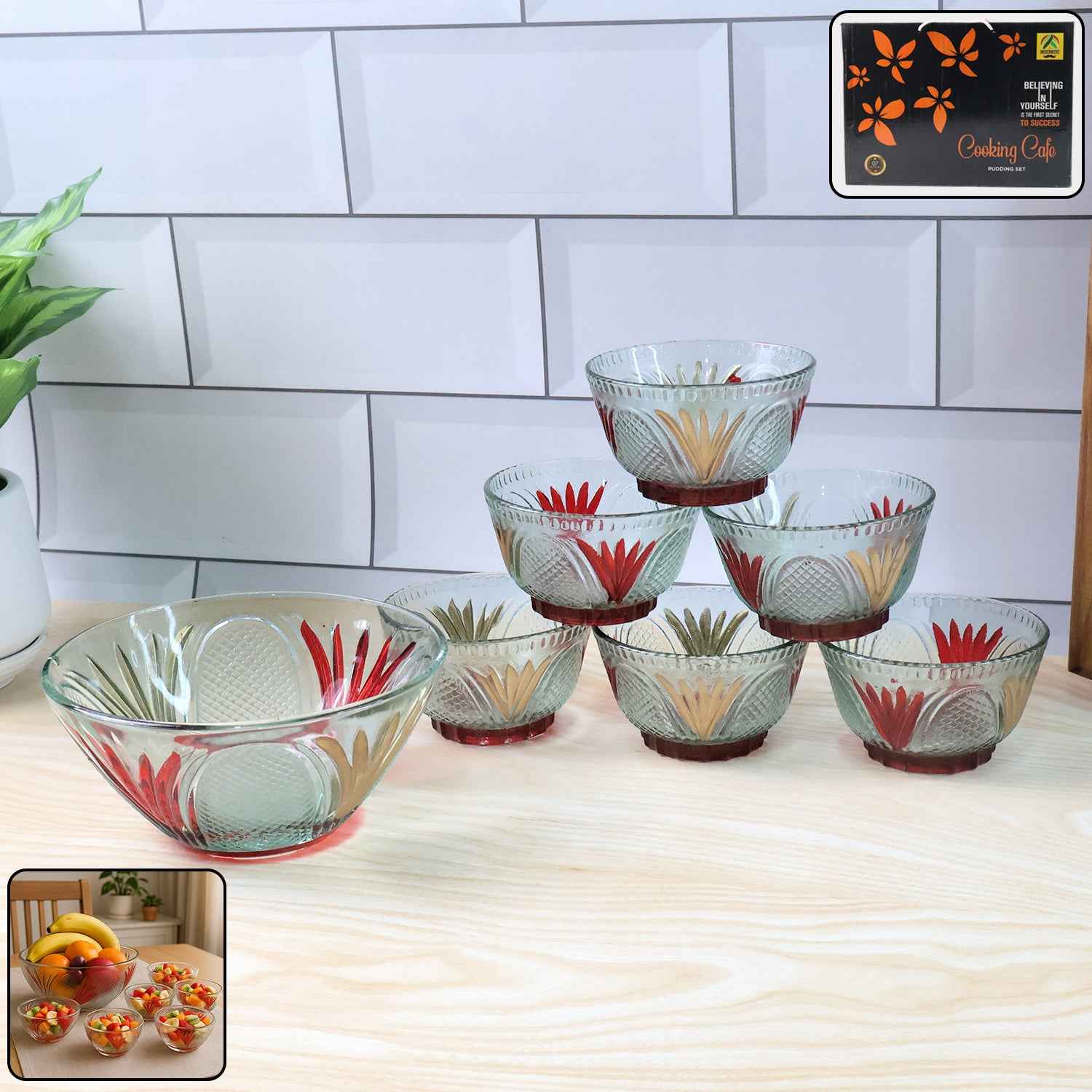 8234 Rose Glass Multipurpose Pudding  Dessert  Ice Cream Bowl Set For Home Use Home  Kitchen Serving Bowl For Sundae Sweets Snacks Fruit Pudding Nuts Or Dip Serving Bowls 6 Medium  1 Big Bowl (Set Of 7 Pc)