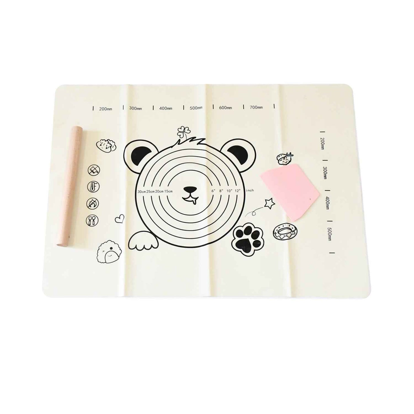3 In 1 Low Silicone Baking Mat With Wooden Belan  Cake Scraper (3 Pcs Set  7050 Cm)