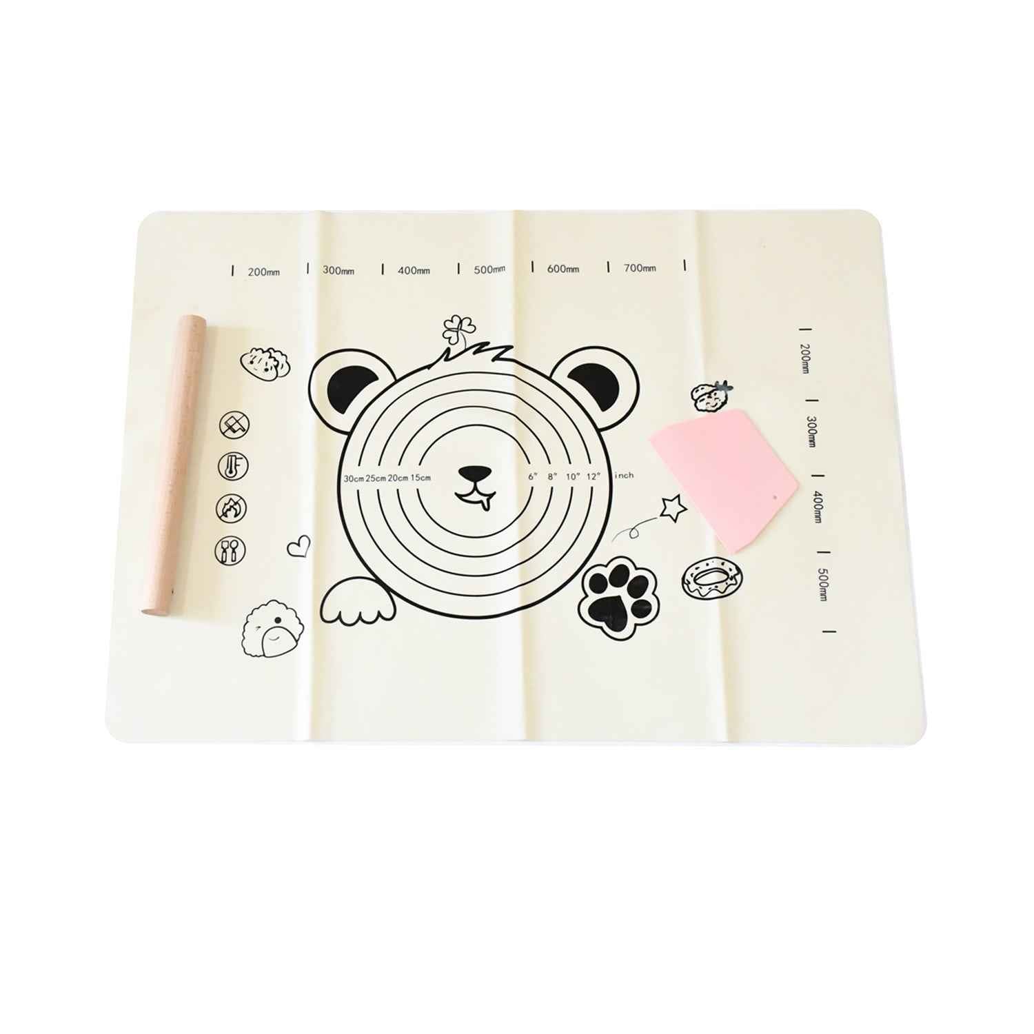 3 In 1 Low Silicone Baking Mat With Wooden Belan  Cake Scraper (3 Pcs Set  7050 Cm)