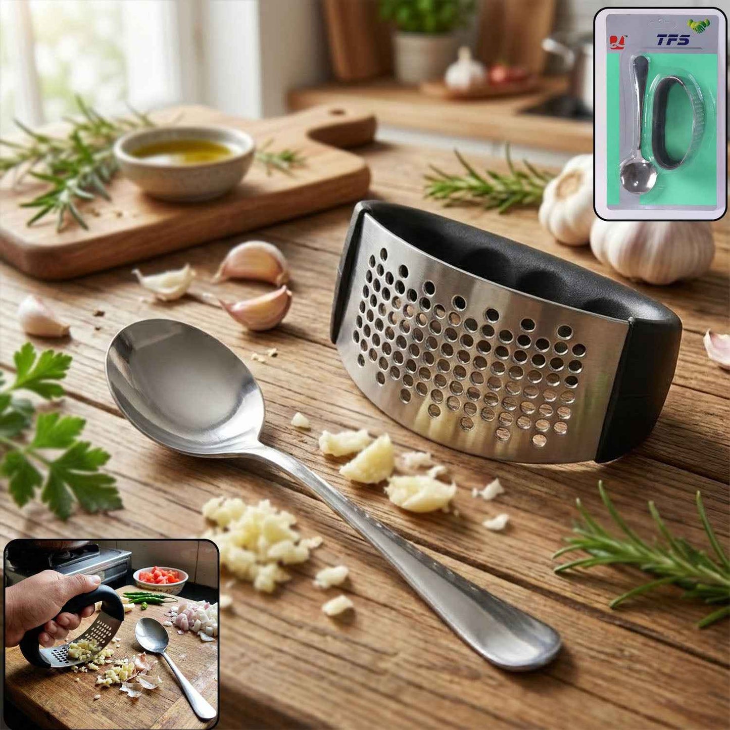 Heavy-duty Garlic Press Tool With Spoon Set (2 Pc Set)