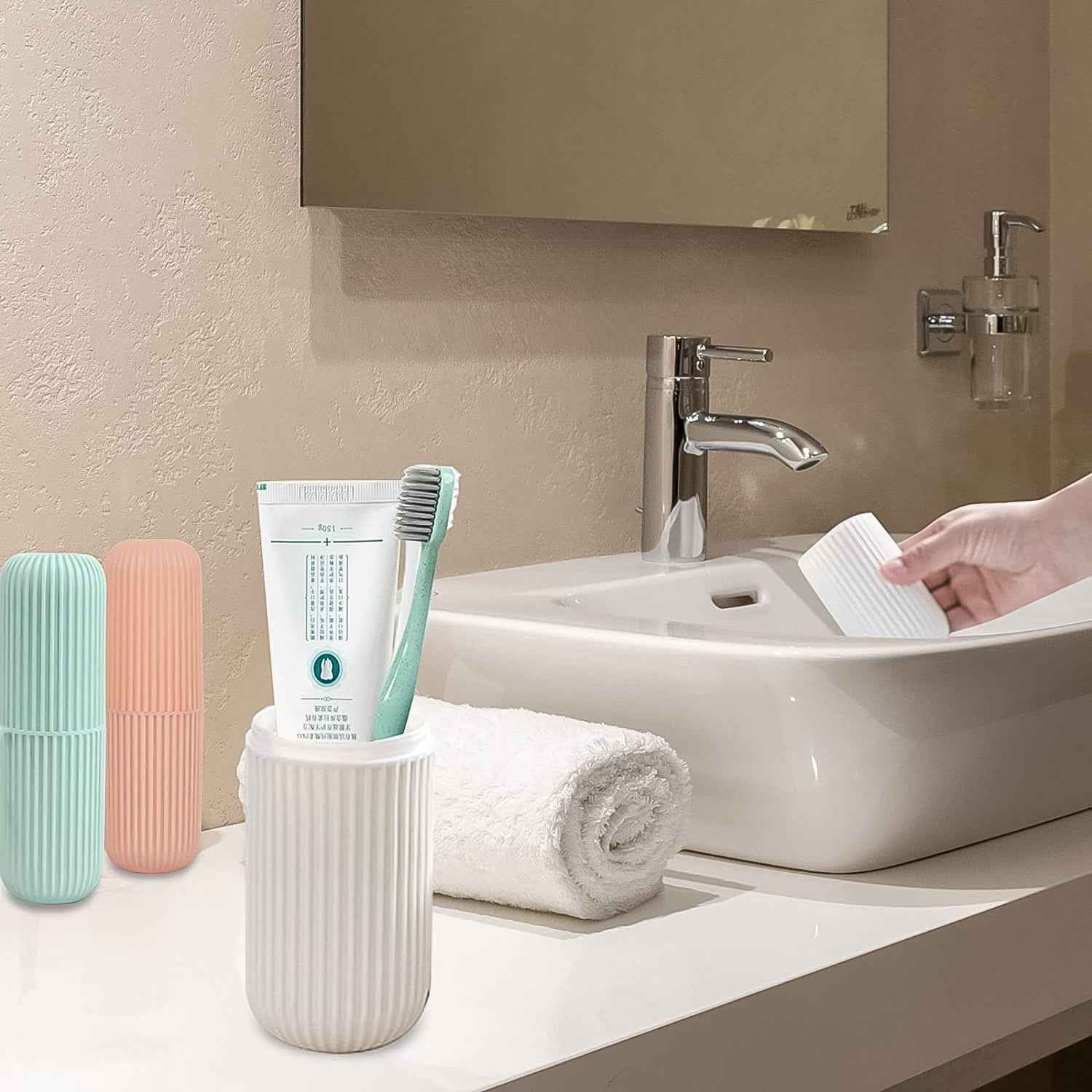 Capsule Shape Travel Toothbrush Toothpaste Case Holder (Multicolor  3 Pcs Set)