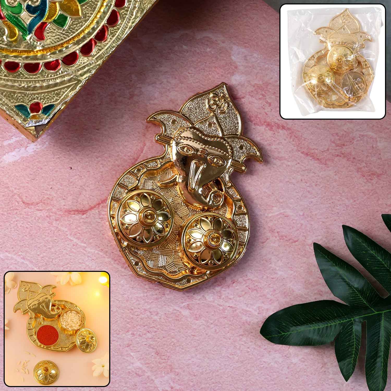 Traditional Golden Lord Ganesha Kumkum Dish  (1 Pc)