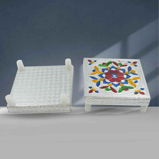 Handicraft Meenakari Wooden Chowki Puja Bajot For Home Office Decor For Puja Multicolour (1 Pc Set)