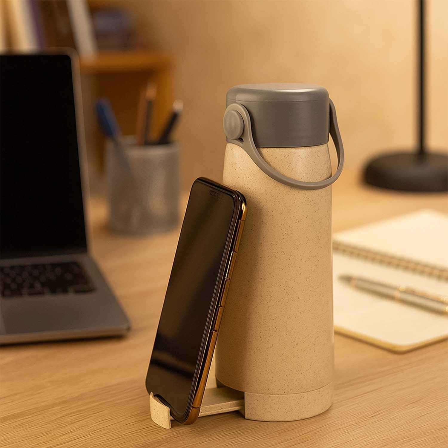 6951 High Portable Water Bottle Creative Wheat Fragrance Glass Bottle Water With Mobile Phone Holder Wide Mouth Glass Water 380ml (Moq - 80 Pc)