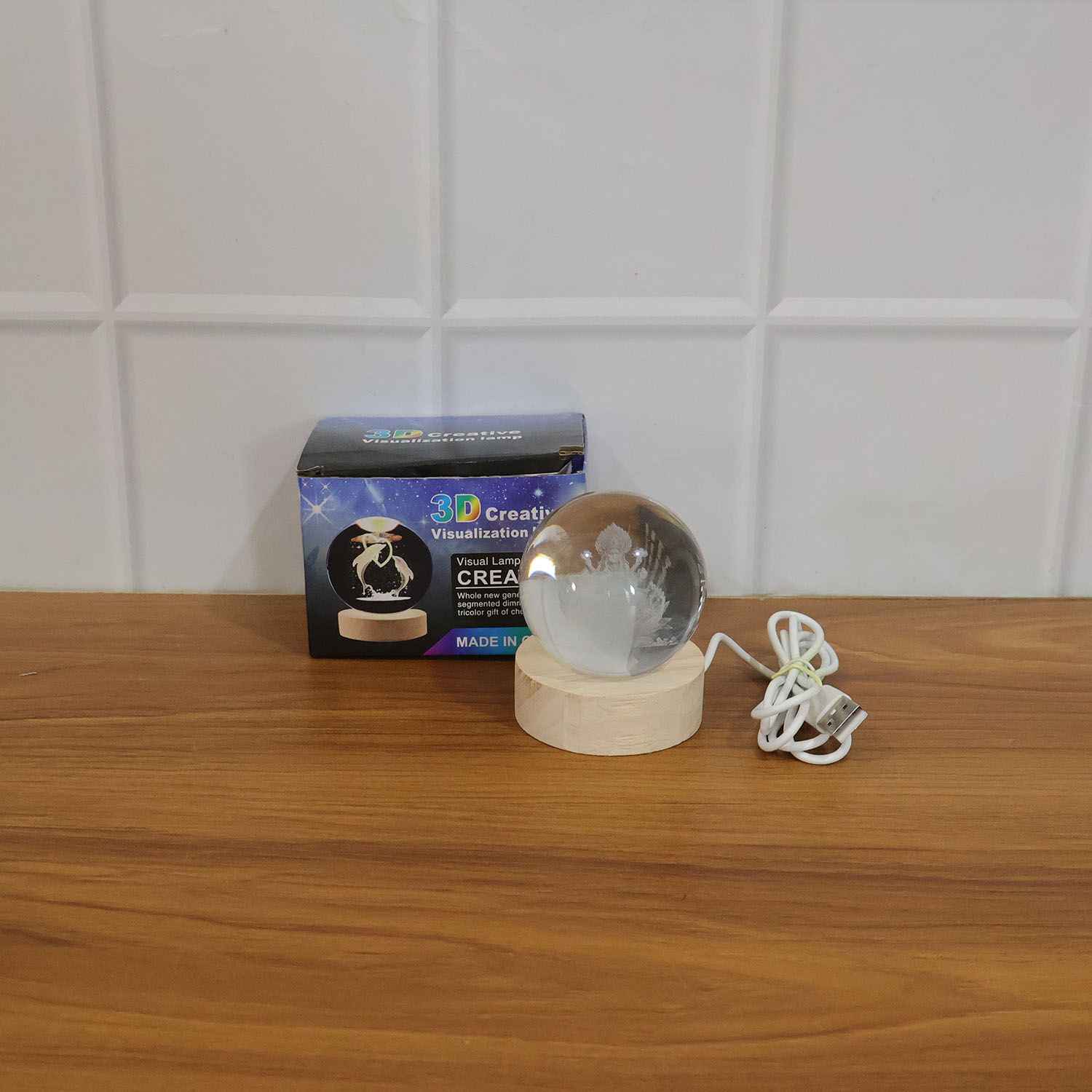 3d Crystal Lakshmi Ball Led Night Lamp With Wooden Base