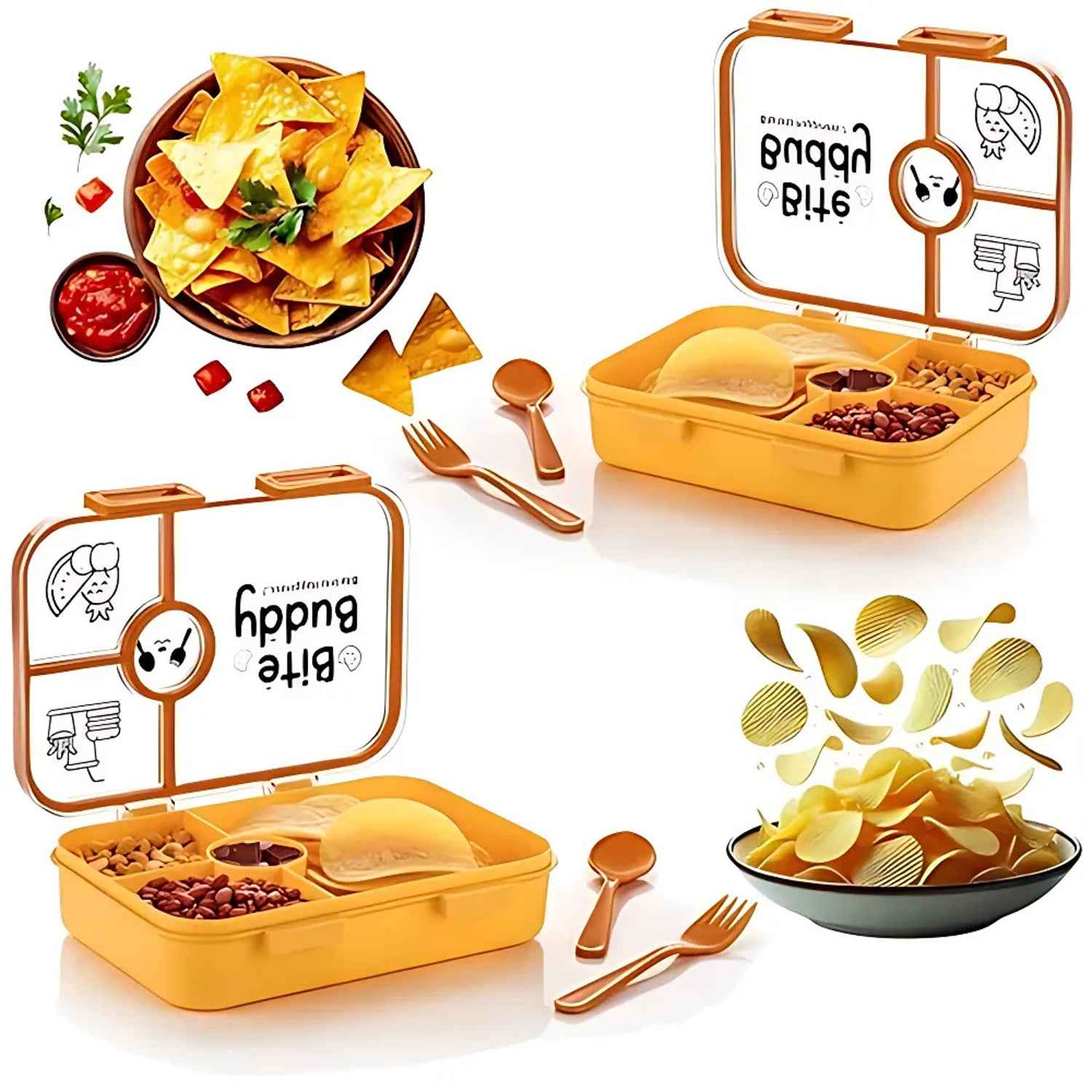 Bite Buddy 4 Compartment Leak Resistant Plastic Lunch Box With Spoon Fork - BeSh Deals®