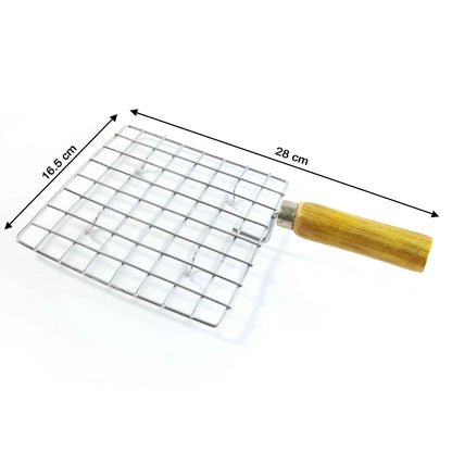 2086 Kitchen Square Stainless Steel Roaster Papad Jali Barbecue Grill With Wooden Handle