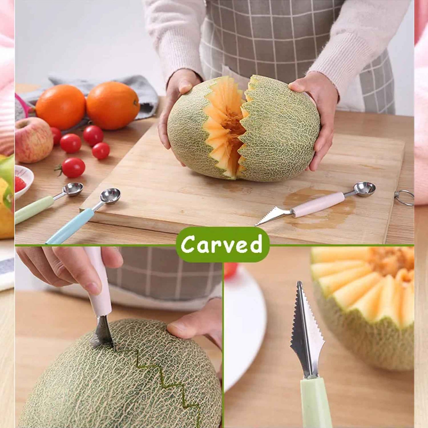 Multifunctional Stainless Steel Fruit Vegetable Pattern Carving Knife Peeler Corer Spherical Dig Ball Scoop Garnishing Dig Ball Spoon Kit. - BeSh Deals®