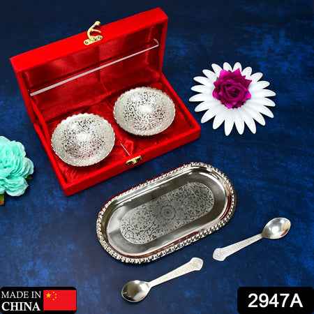 2947a Silver Plated 2 Bowl 2 Spoon Tray Set Brass With Red Velvet Gift Box Serving Dry Fruits Desserts Gift