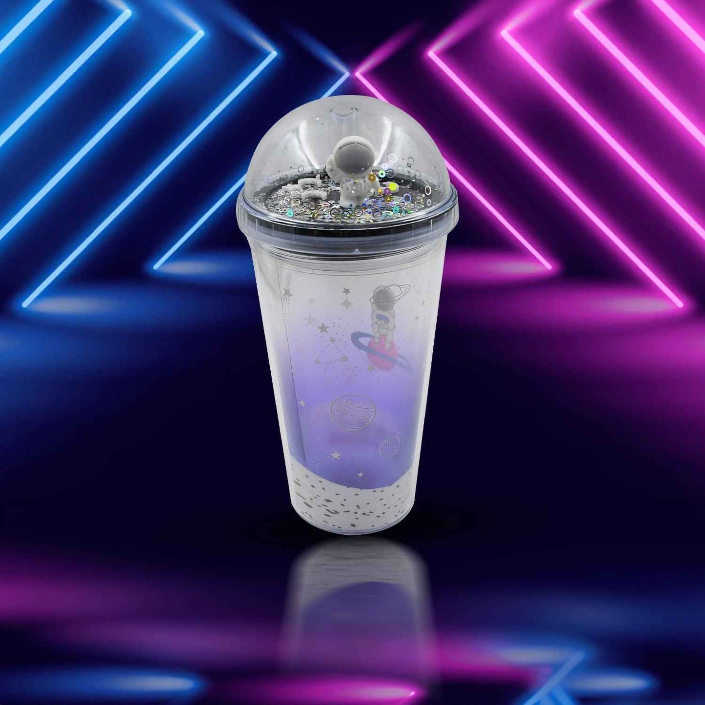 6883b  Led Glow Light Design Printed Insulated Double Wall Plastic Tumbler Cups With Straws 13oz Theming Astronaut In Space Travel Tumbler Freezer Mug Drinking Cups For Boys And Girls Schooltuitiongym Picnic (Pack Of 1)