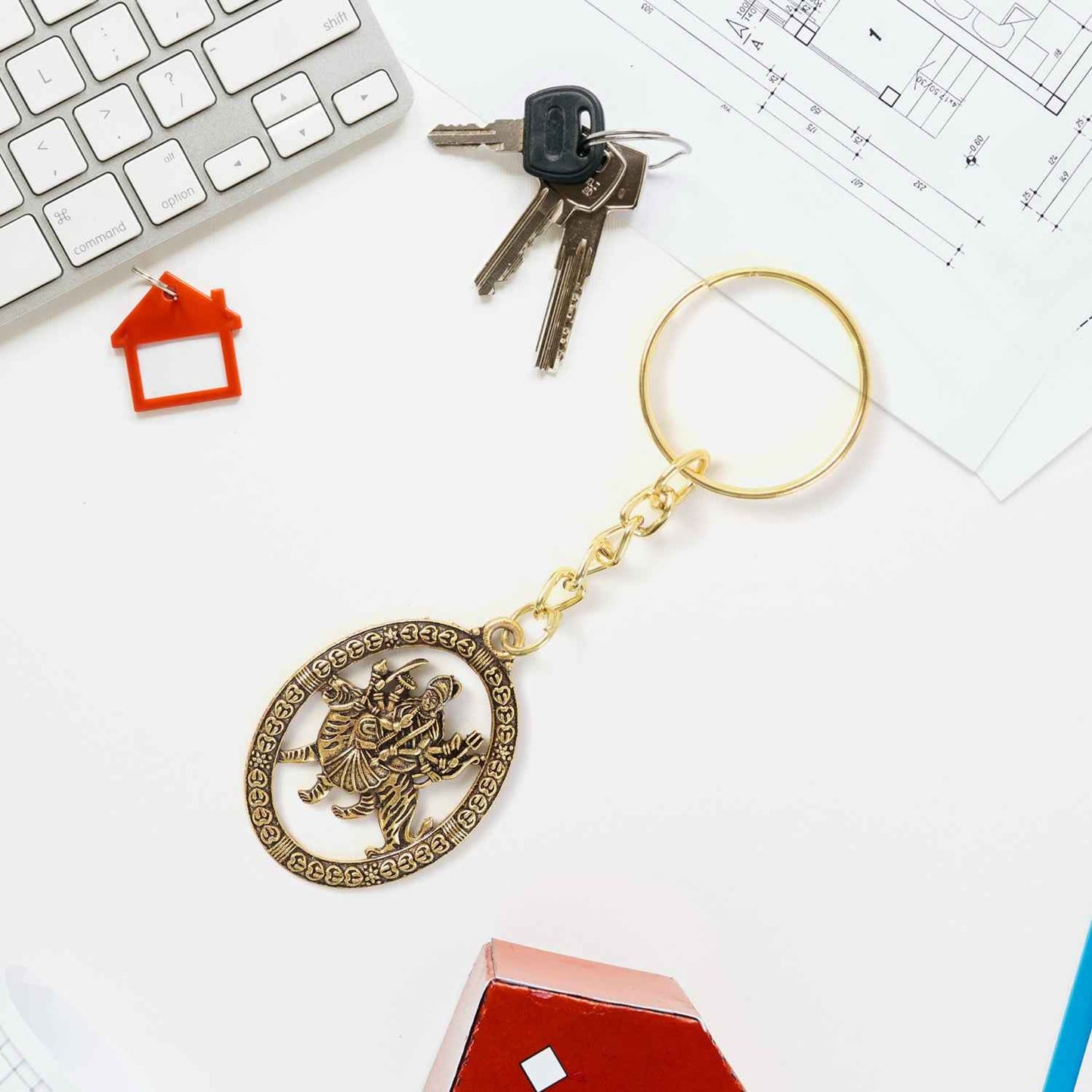 Premium Golden Metal Durga Maa Keychain (1 Pc)