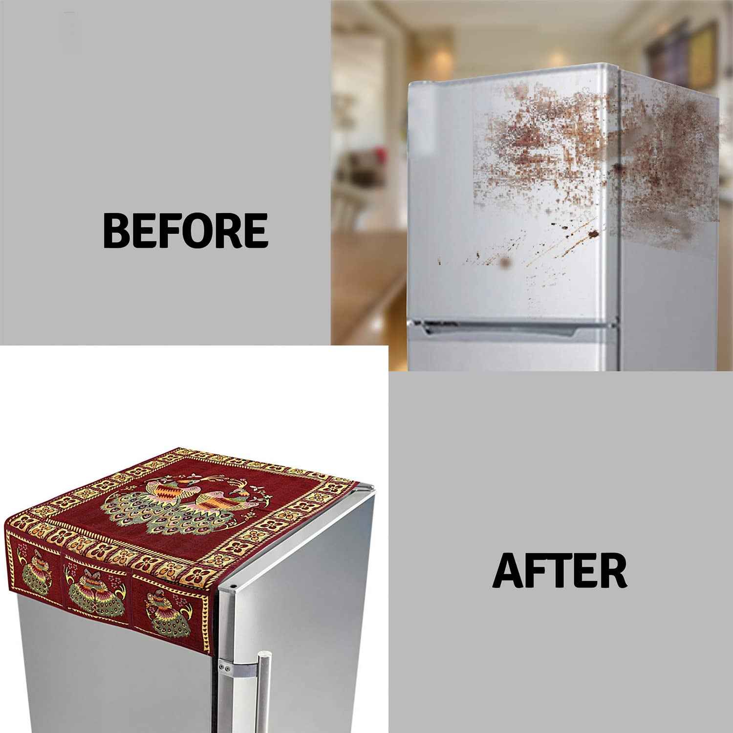 8889 Cotton Fridge Top Cover Set - Standard Appliance Covers Fridge Dustproof Cover With Peacock Deign 6 Utility Side Pockets Fridge Cover For All Types Fridge Refrigerator Use (100x60cm)