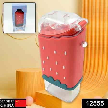 12555 Portable Cute Water Bottle For Kids Unique Ice Cream Shape Water Cup Popsicle Shaped Plastic Kettle With Straw Adjustable Shoulder Strap Bpa Free Leakproof (300 Ml)