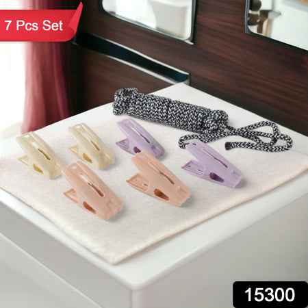 Cloth Drying Rope With Clips  Convenient And Durable Hanging Solution (7 Pc Set)