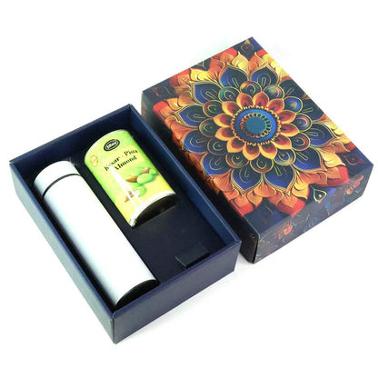 Effete Kesar Pista Almonds Gift Hamper Golden With Bottle (2 Pc Set)