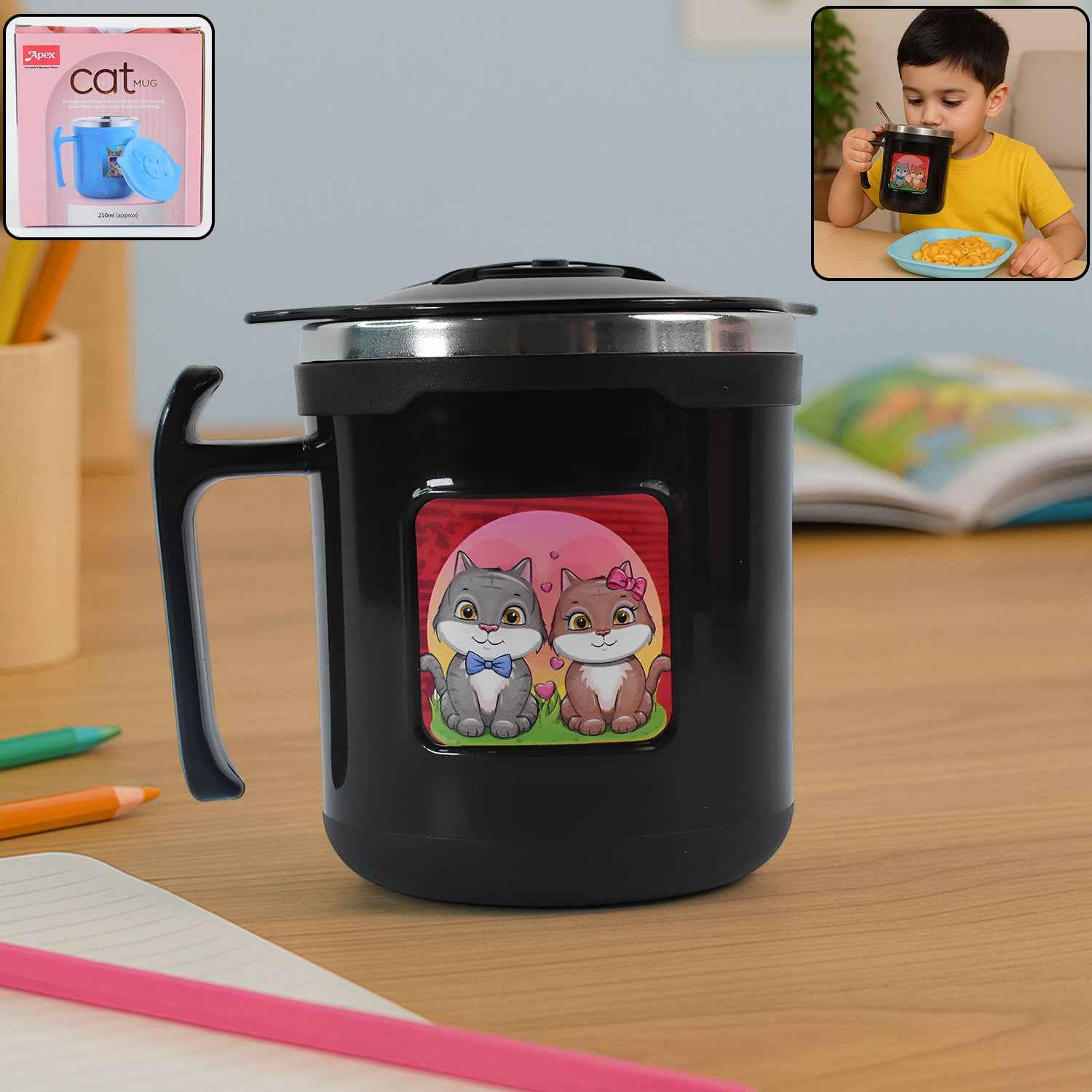 1 Pc Apex Cat Mug  250 Ml Stainless Steel Insulated Inner With Cute Cat Print