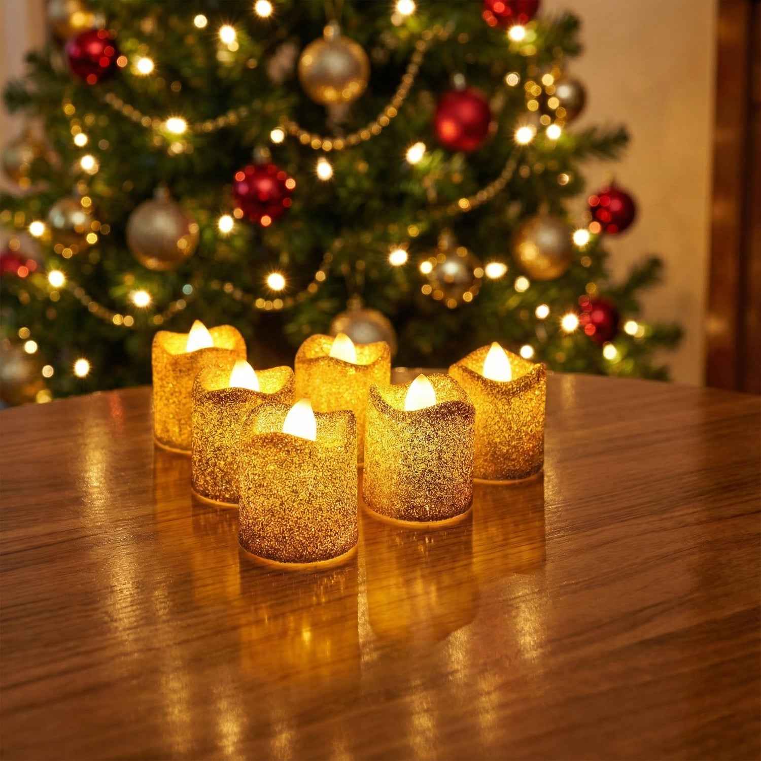 Christmas Premium Glitter Led Tealight Candles (6 Pc Set)