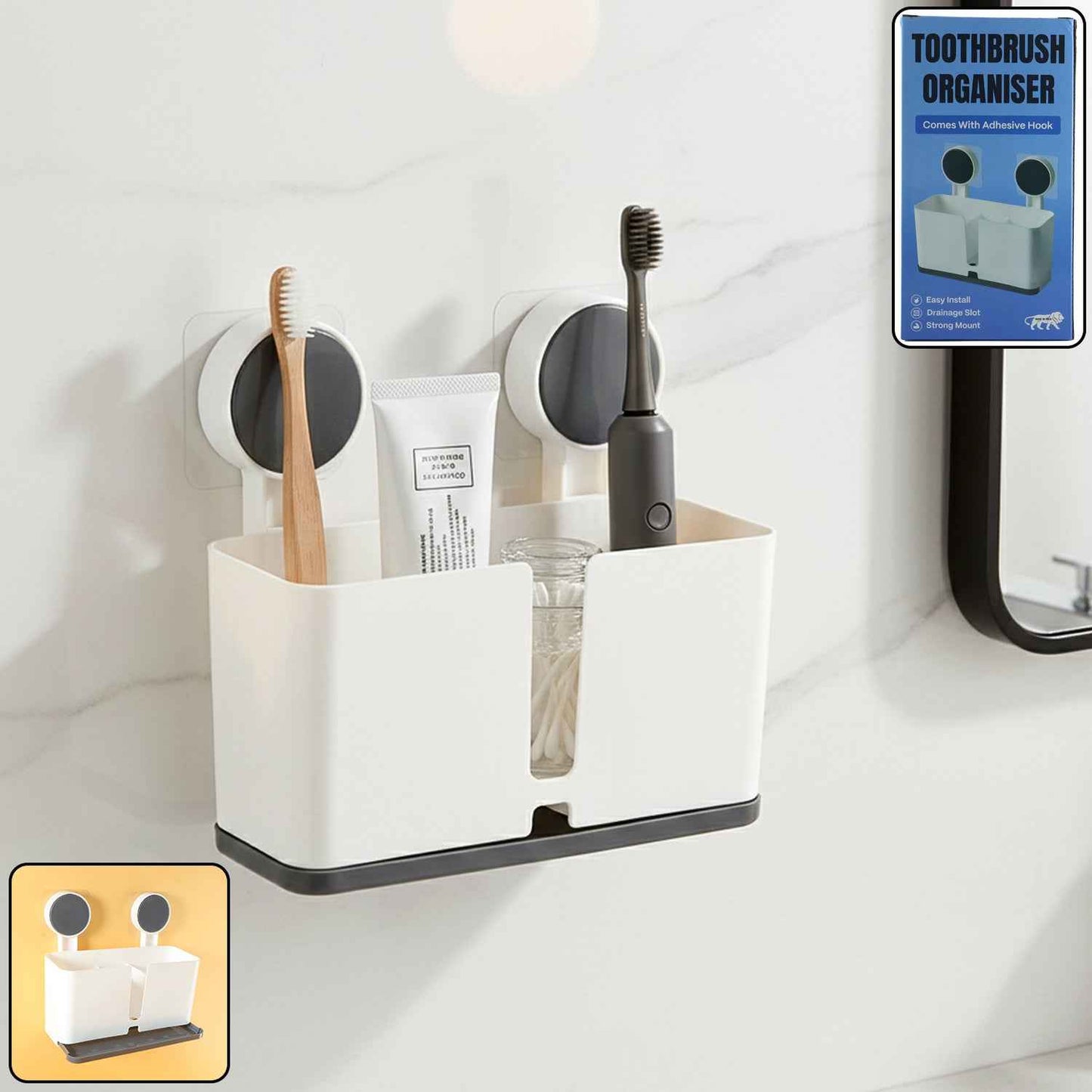 Wall Mounted 3 Compartment Toothbrush Holder With Adhesive Installation (1 Pc)