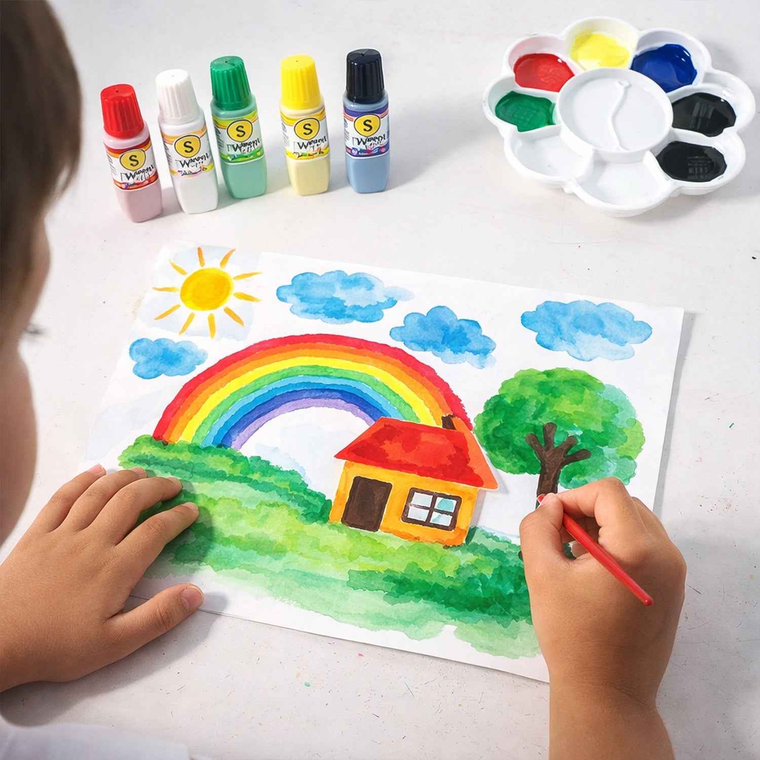 Kids Water Colour Painting Set With Brush  Mixing Palette (1 Set)
