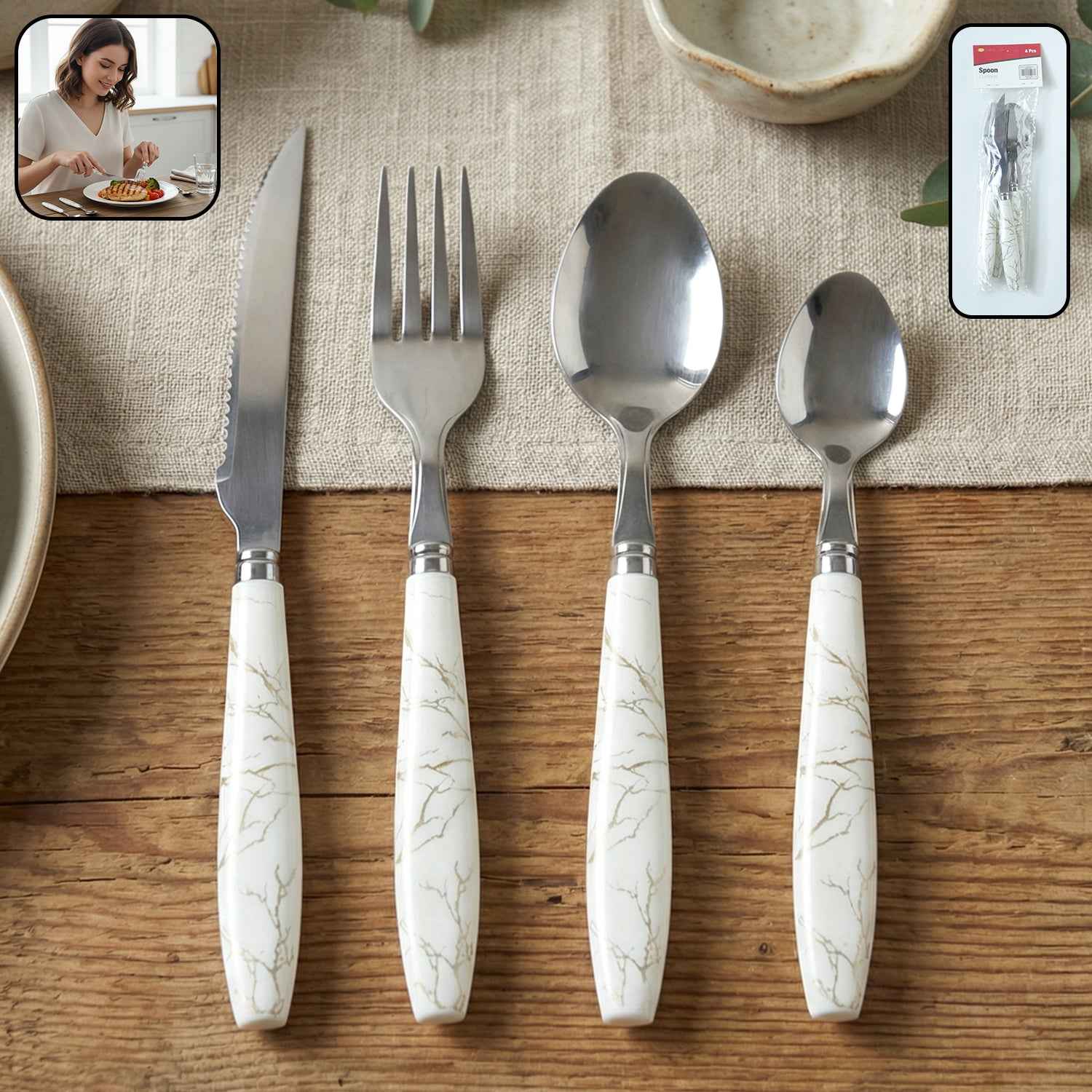 Stainless Steel Cutlery Set With Marble Design Handle (4 Pc  Set)