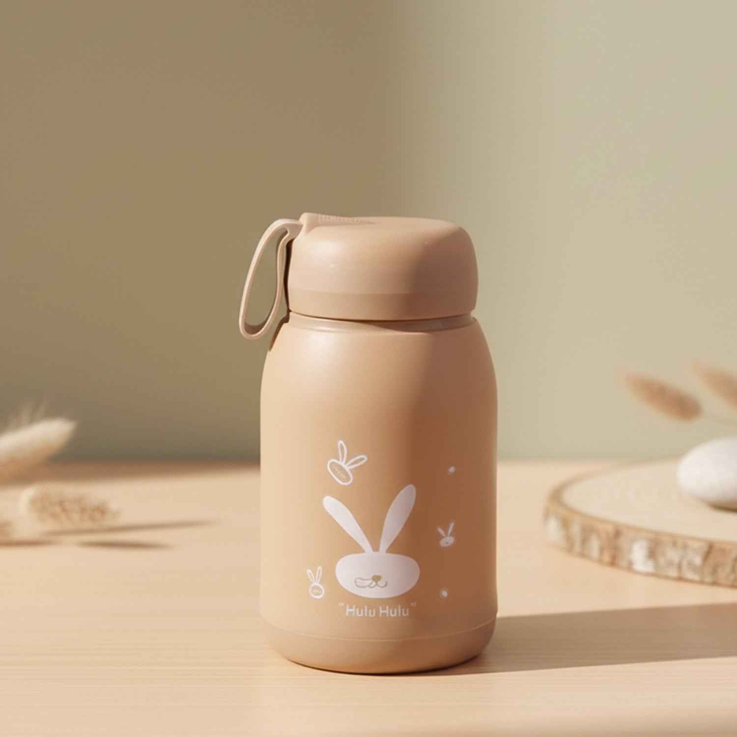 Cute Bunny Print Glass Drinking Brown Bottle (330ml  1 Pc)