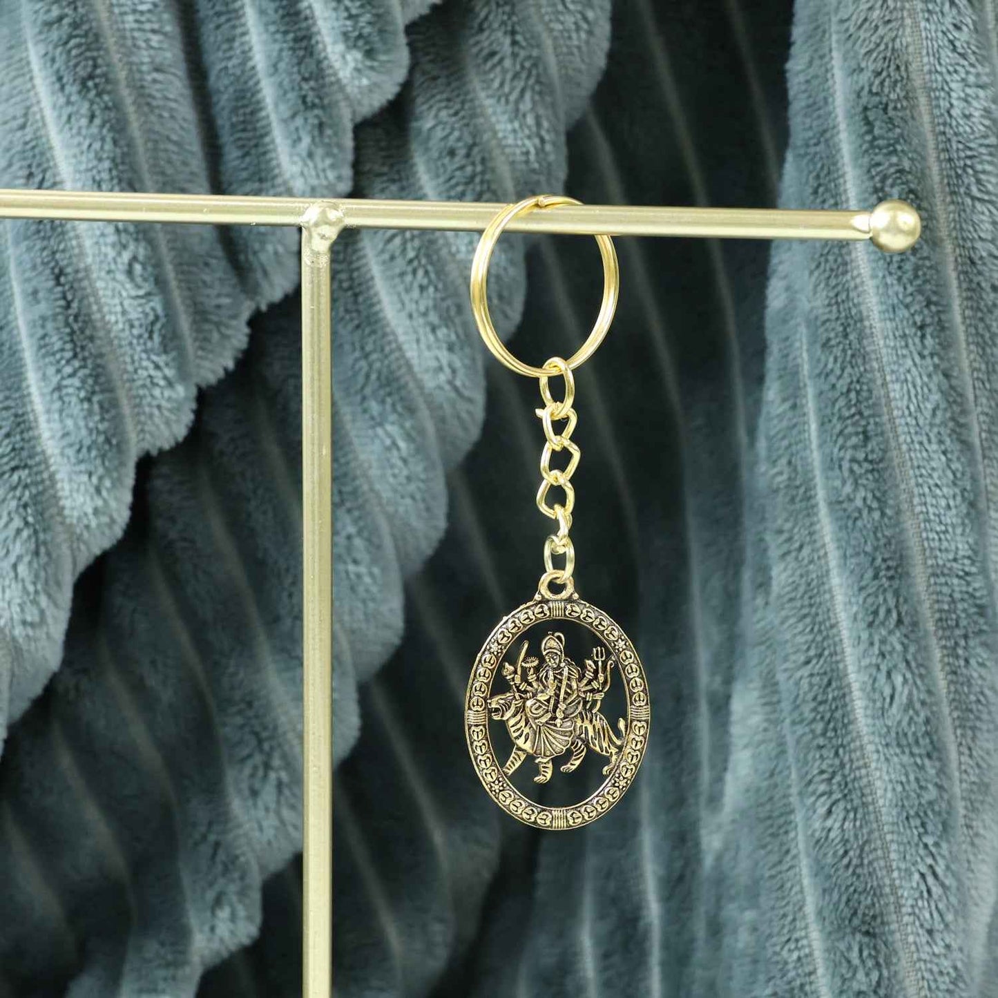 Maa Durga Oval Frame Golden Keychain (1 Pc)