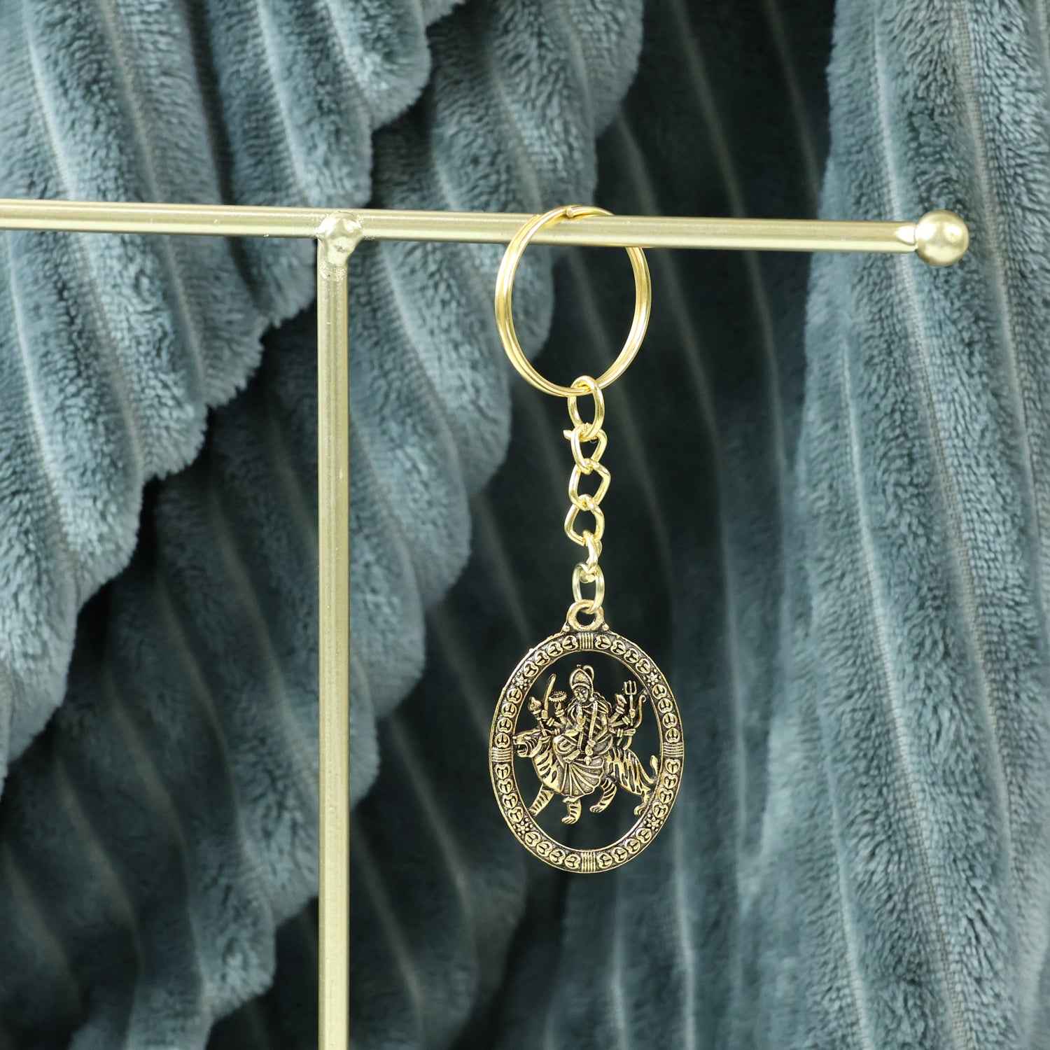 Maa Durga Oval Frame Golden Keychain (1 Pc)