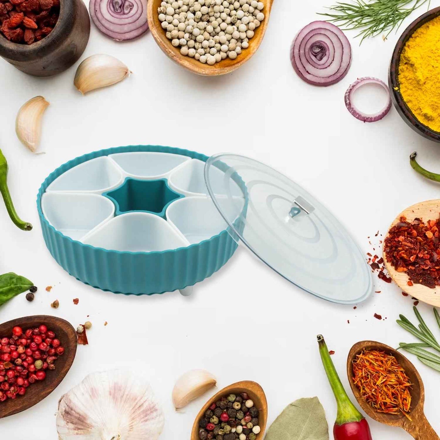 5811 360 Revolving Spice Box  Dry Fruit Box Plastic 7 Compartment Box Suitable For Multipurpose Storage Use Like Dry Fruit  Spices  Pickle  Tea   Sugar Etc Kitchen Use