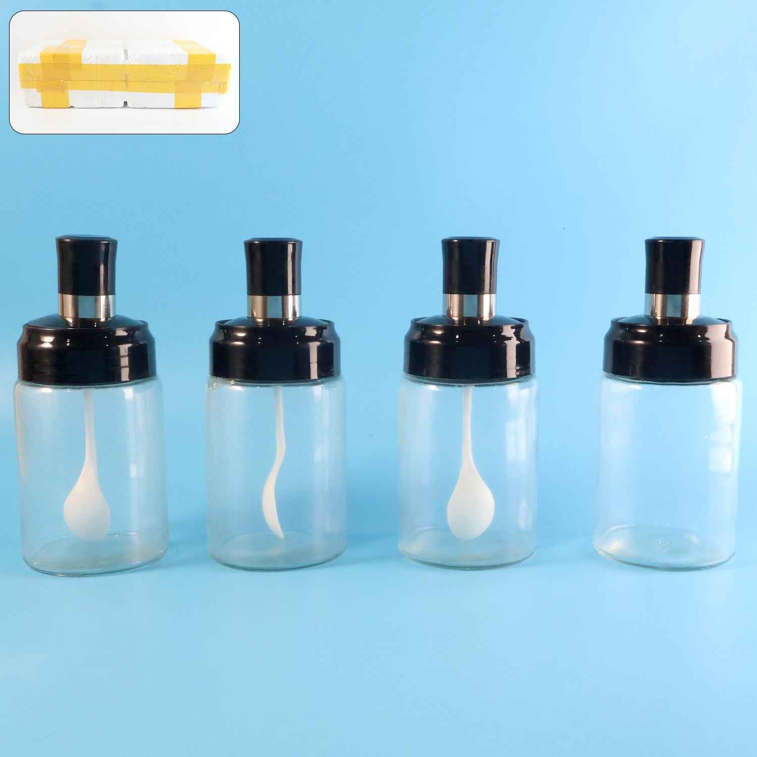 Transparent Spice Jar Set With Spoon  Airtight Lid (4 Pc)