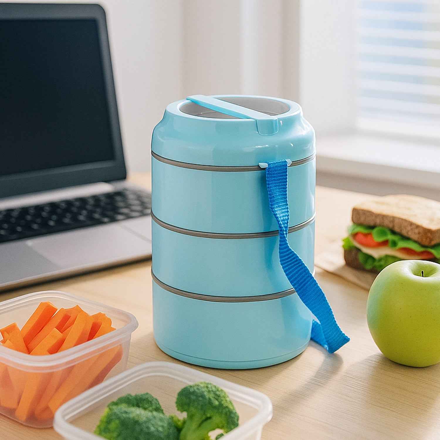3 Layer Insulated Lunch Box Set With Handle  Strap - (Set)