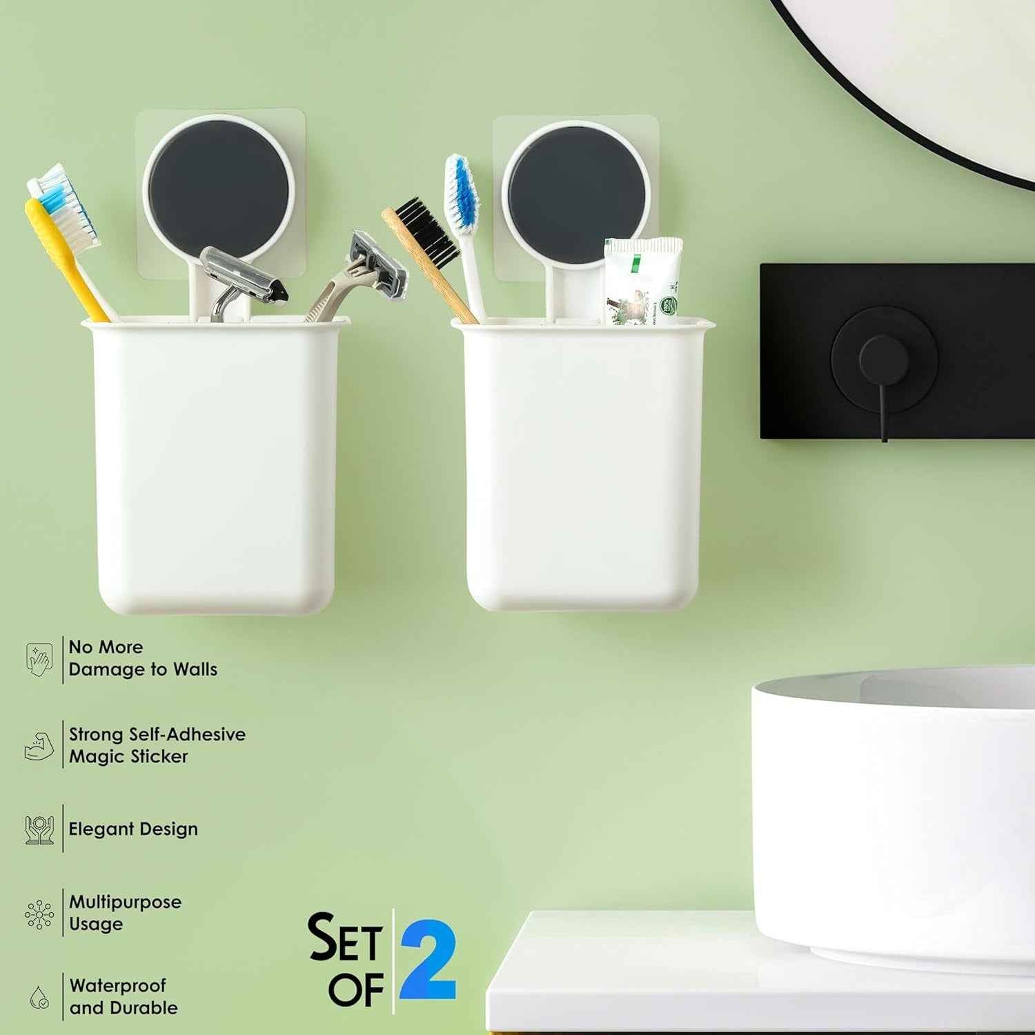 Wall Mounted Bathroom Storage Organizer Cup Set (2 Pc Set)