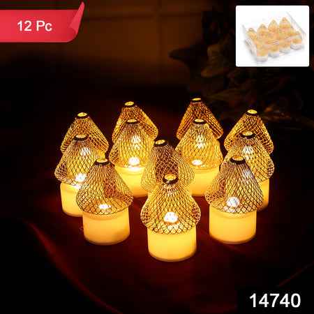Set Of 12 Decorative Led Flameless Candle Lights With Golden Net Cover