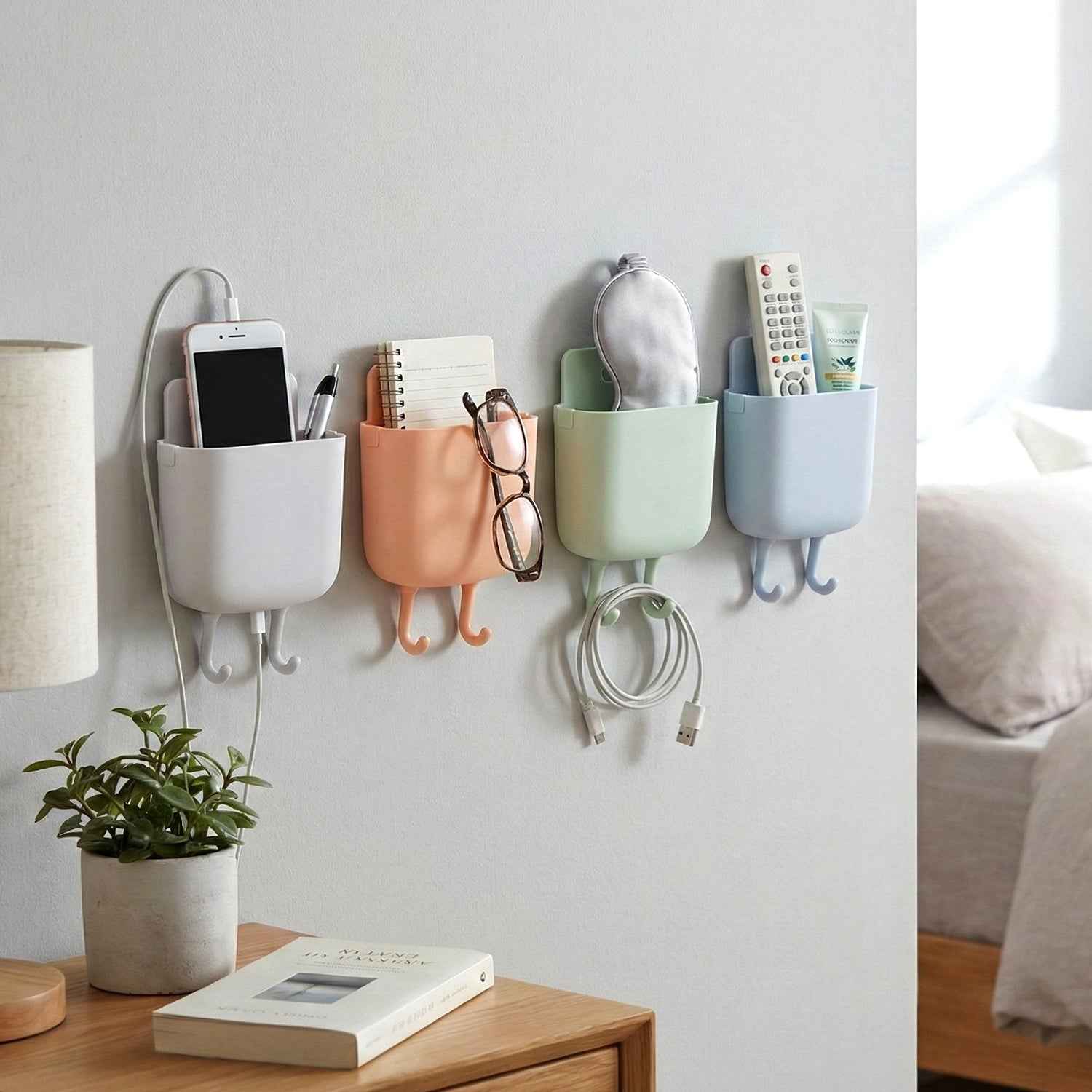 Multi-purpose Plastic Wall Mounted Mobile Charging Holder Set (4 Pc)