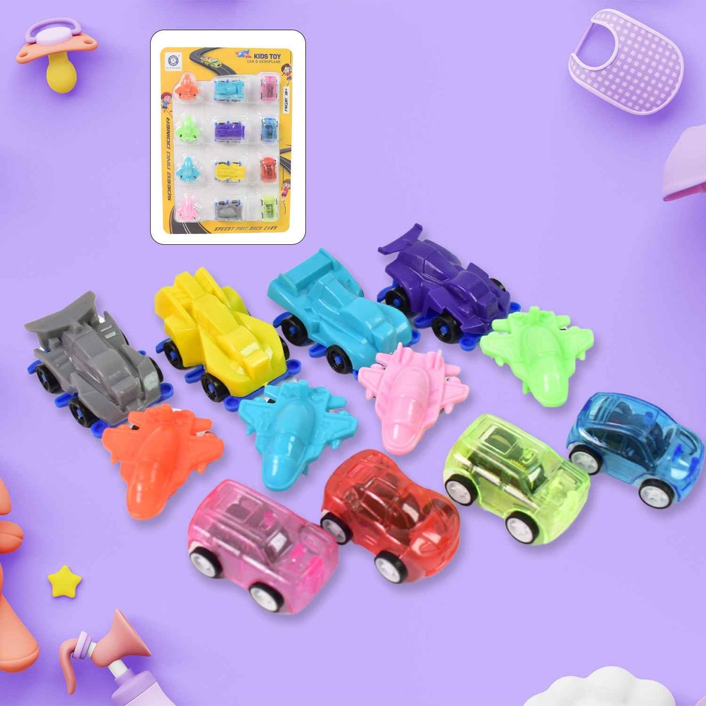 Mini Pull Back Car  Aeroplane Plastic Pull Back Car Cartoon Toys (12 Pcs Set)
