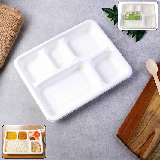5-compartment Rectangle Lunch Compostable Bagasse Plate  10 Pcs Pack