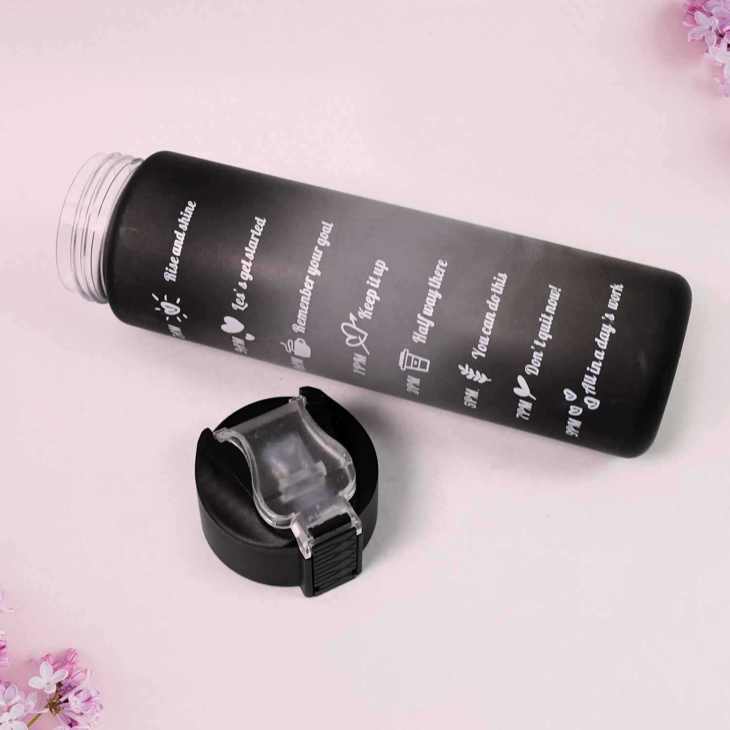 Plastic Black Motivational Water Bottle With Straw (900 Ml)