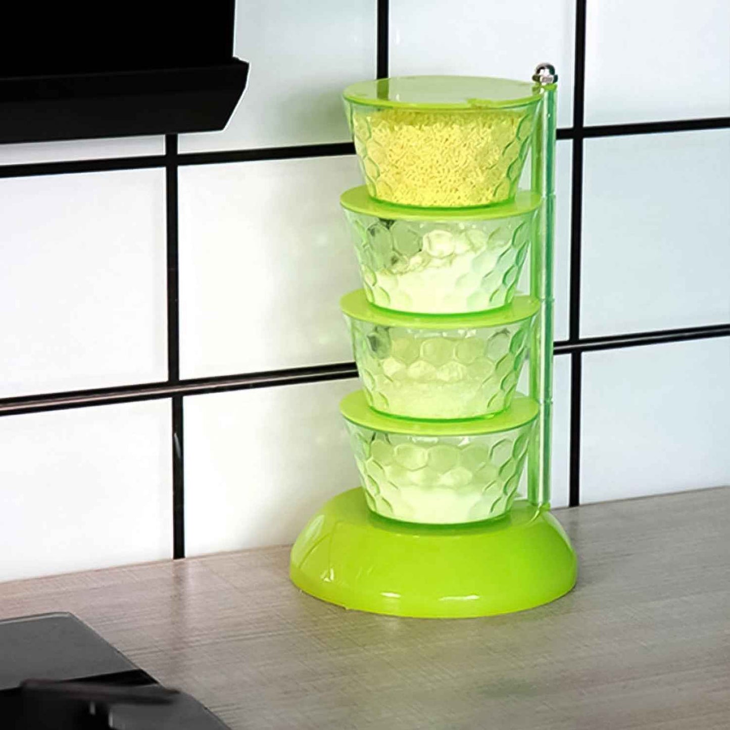 4 Section 360 Rotating Vertical Seasoning Box Plastic Pickle Tower  Spice Rack (4 Layer With 4 Plastic Spoon  1 Set)