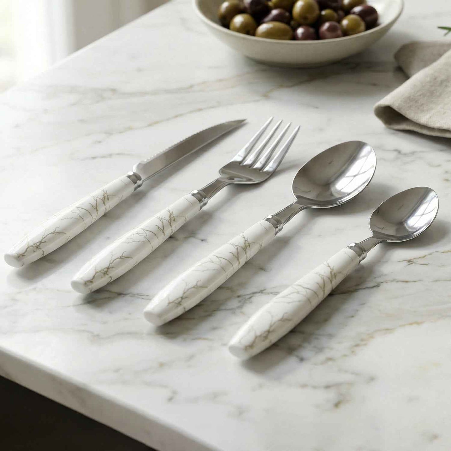 Stainless Steel Cutlery Set With Marble Design Handle (4 Pc  Set)