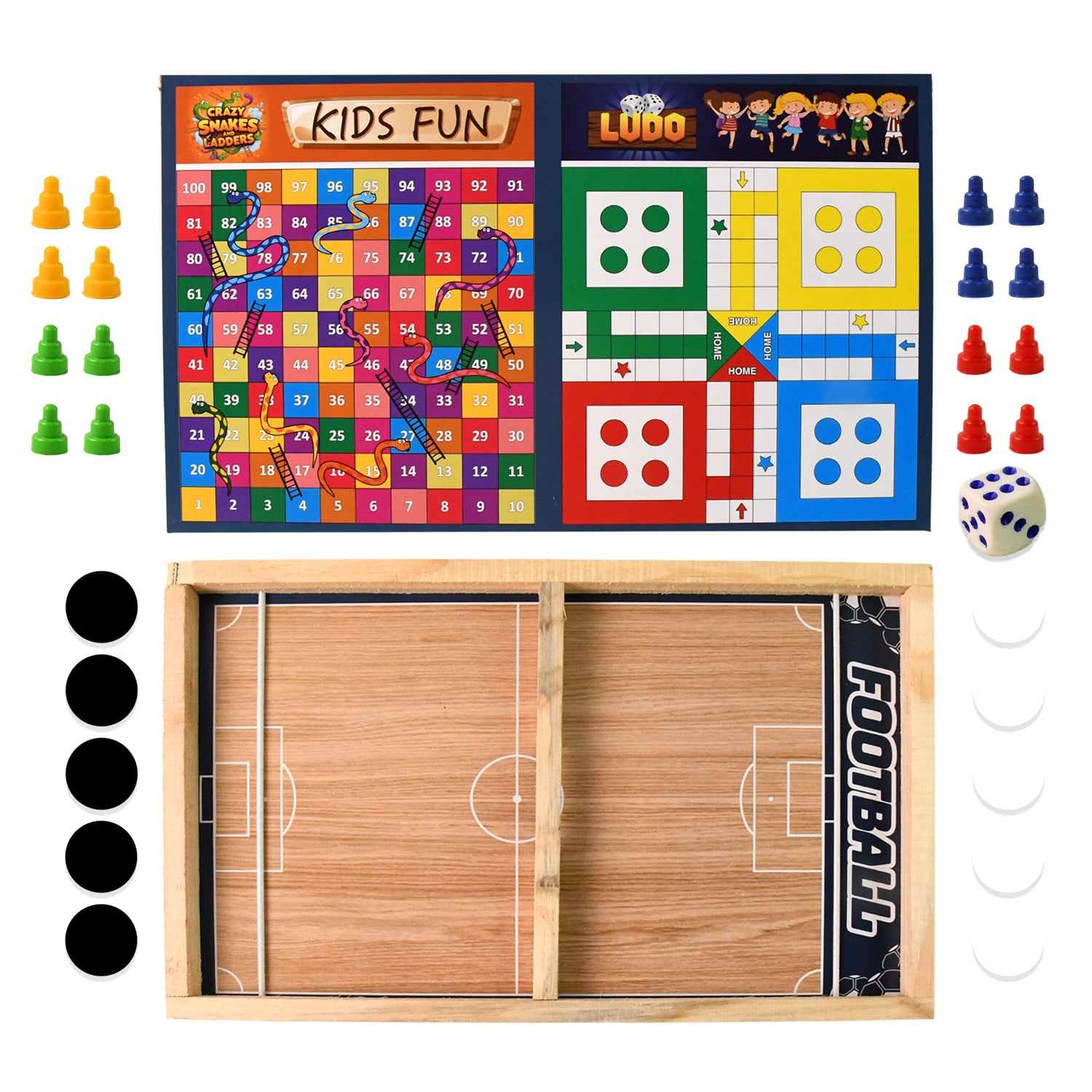 Wooden Board Game Set  Ludo Snakes  Ladders And Desktop Football (3-in-1)