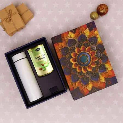 Effete Kesar Pista Almonds Gift Hamper Golden With Bottle (2 Pc Set)