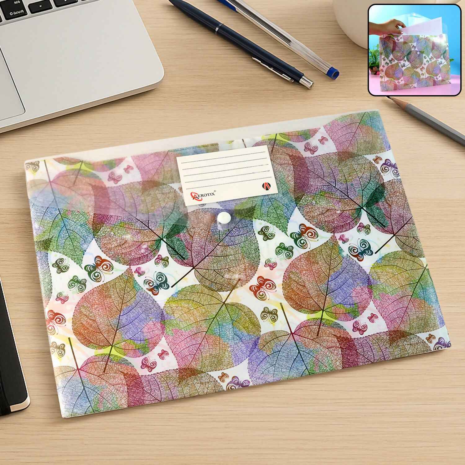 Printed A4 Document Folder  Leaf Design With Button Closure  Label Slot (1 Pc)