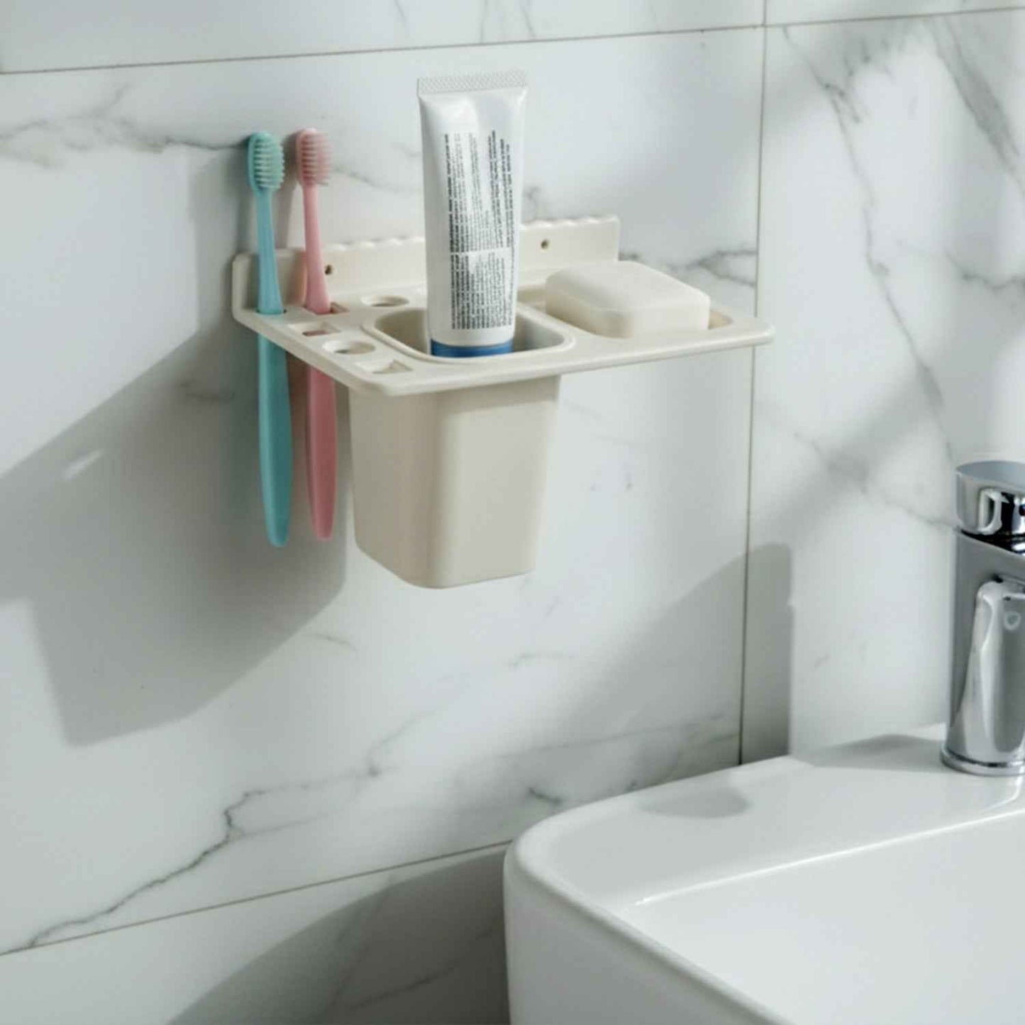 3in1 Wall Mounted Multi-compartment Toothbrush  Soap Holder With Cup (1 Pc)