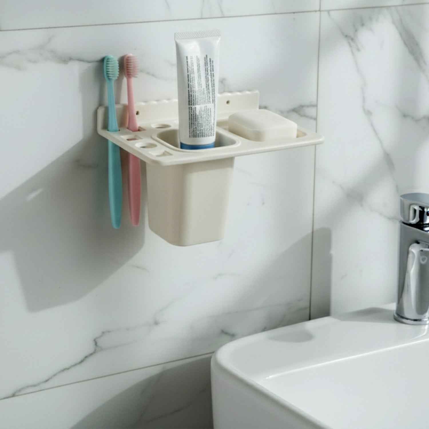 3in1 Wall Mounted Multi-compartment Toothbrush  Soap Holder With Cup (1 Pc)