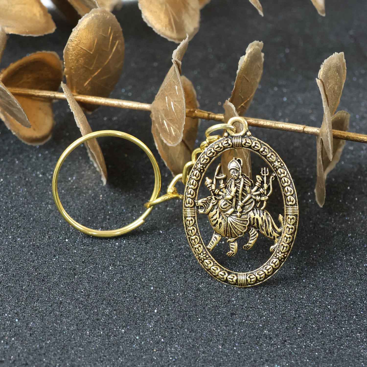 Maa Durga Oval Frame Golden Keychain (1 Pc)
