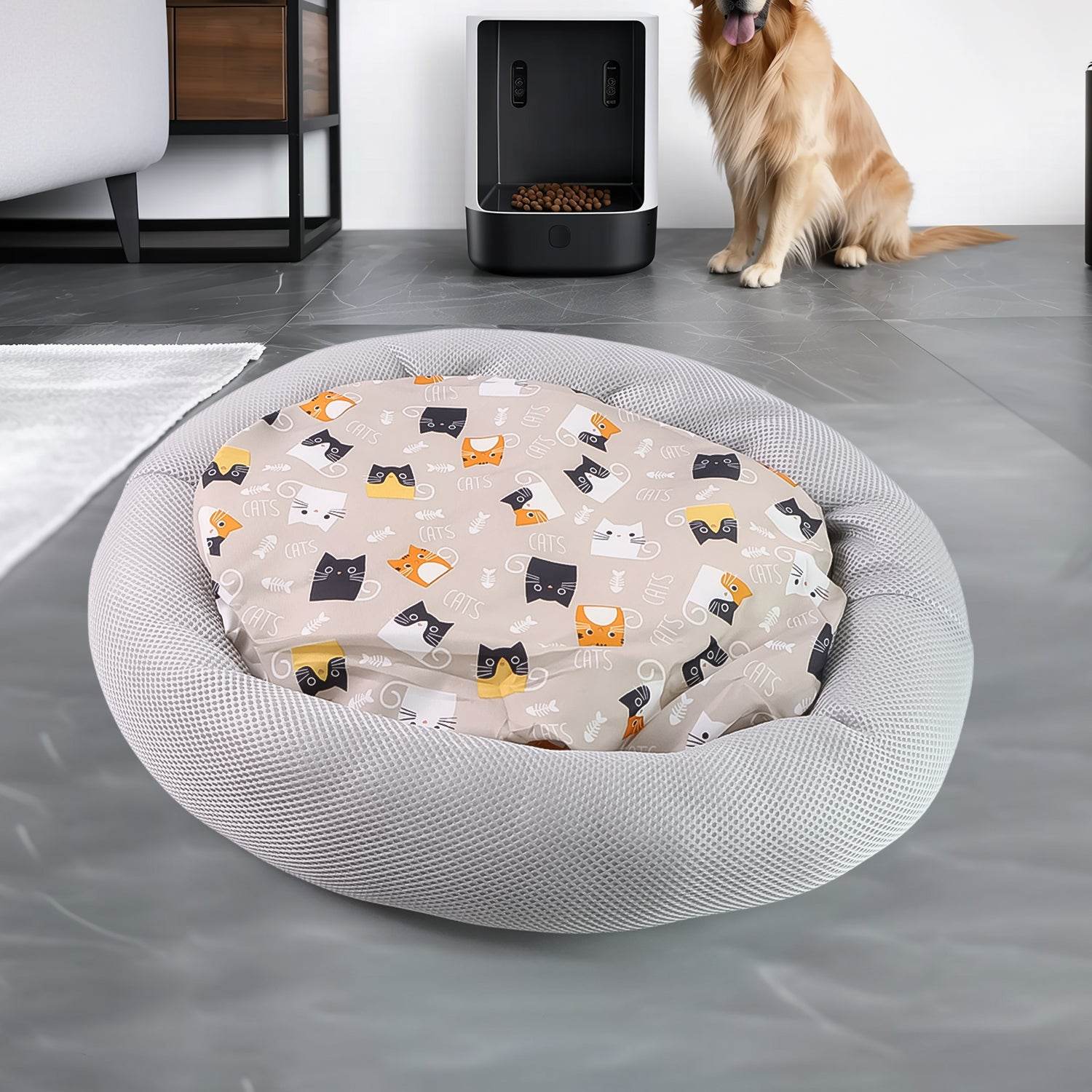 Round Soft Plush Cat Bed With Cartoon Cat Print Cushion  1 Pc - Best Deals at BeSh Deals®