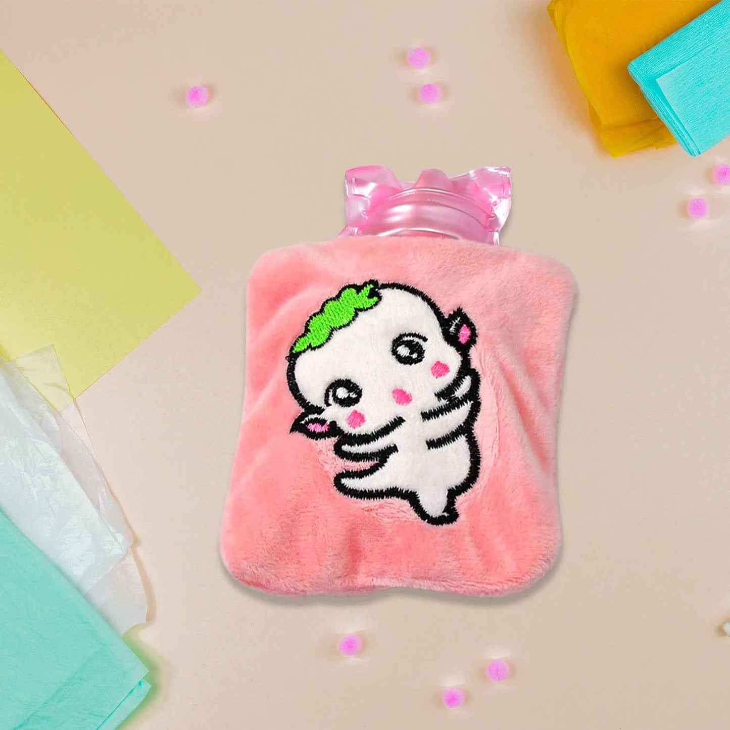 6532 Pink Cartoon Small Hot Water Bag With Cover For Pain Relief Neck Shoulder Pain And Hand Feet Warmer Menstrual Cramps.