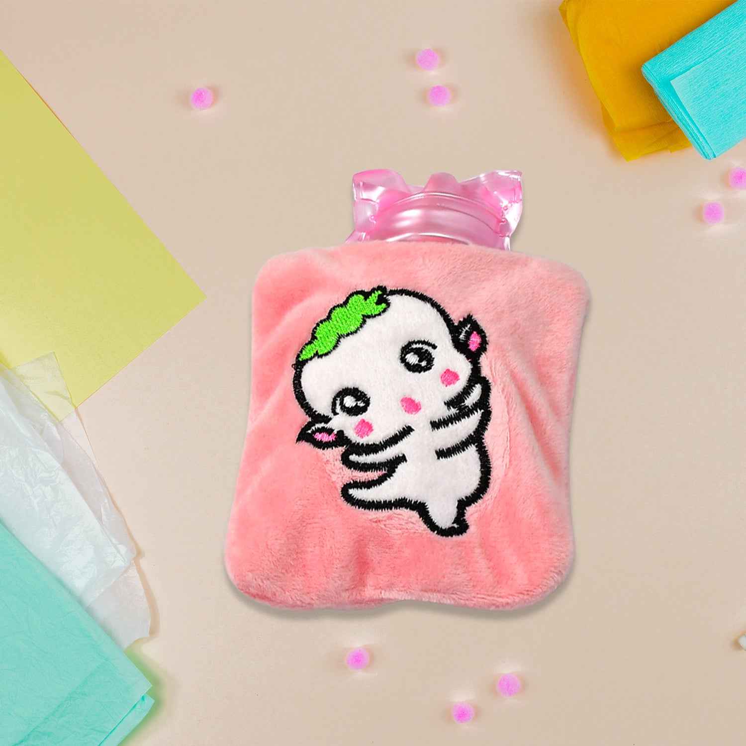 6532 Pink Cartoon Small Hot Water Bag With Cover For Pain Relief Neck Shoulder Pain And Hand Feet Warmer Menstrual Cramps.